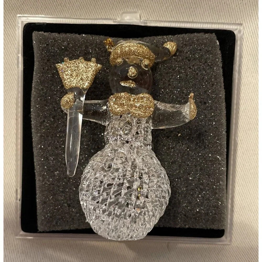 Hand‎ Spun Glass Snowman Christmas Holiday Glittery Gold Ornament NEW
